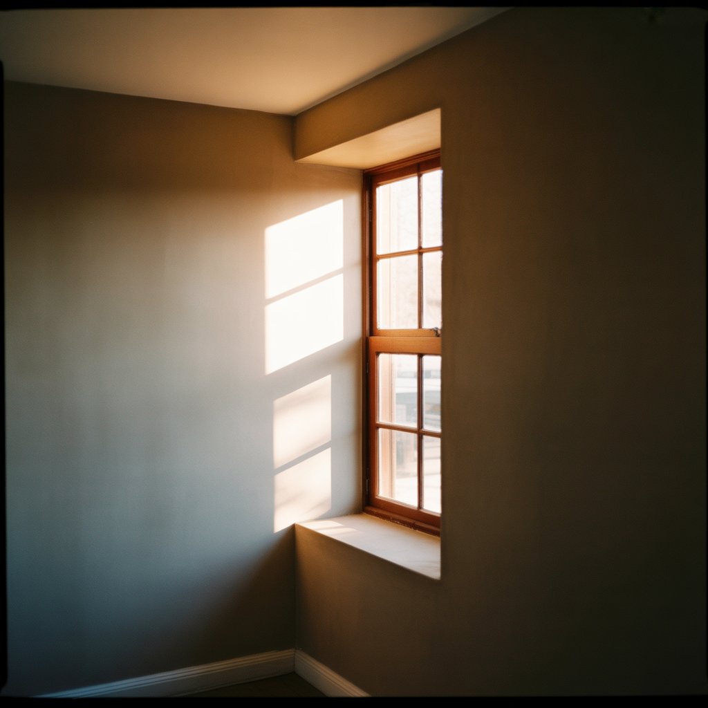 Une fenêtre avec une lumière chaude dans une pièce calme et vide